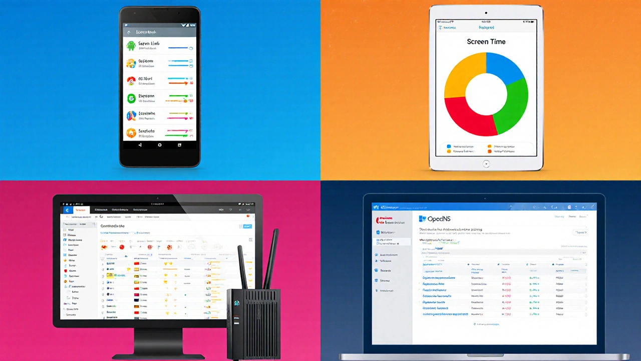 Čtyři zařízení – Android, iPad, PC a router – zobrazují nastavení rodičovské kontroly v digitálním rozhraní.