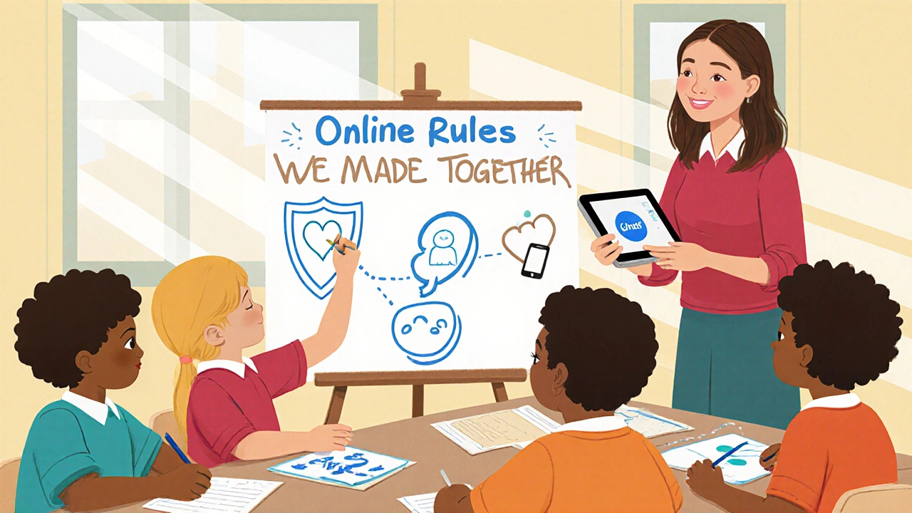 Děti a učitelka společně vytvářejí návrh pravidel pro bezpečnou komunikaci na internetu.