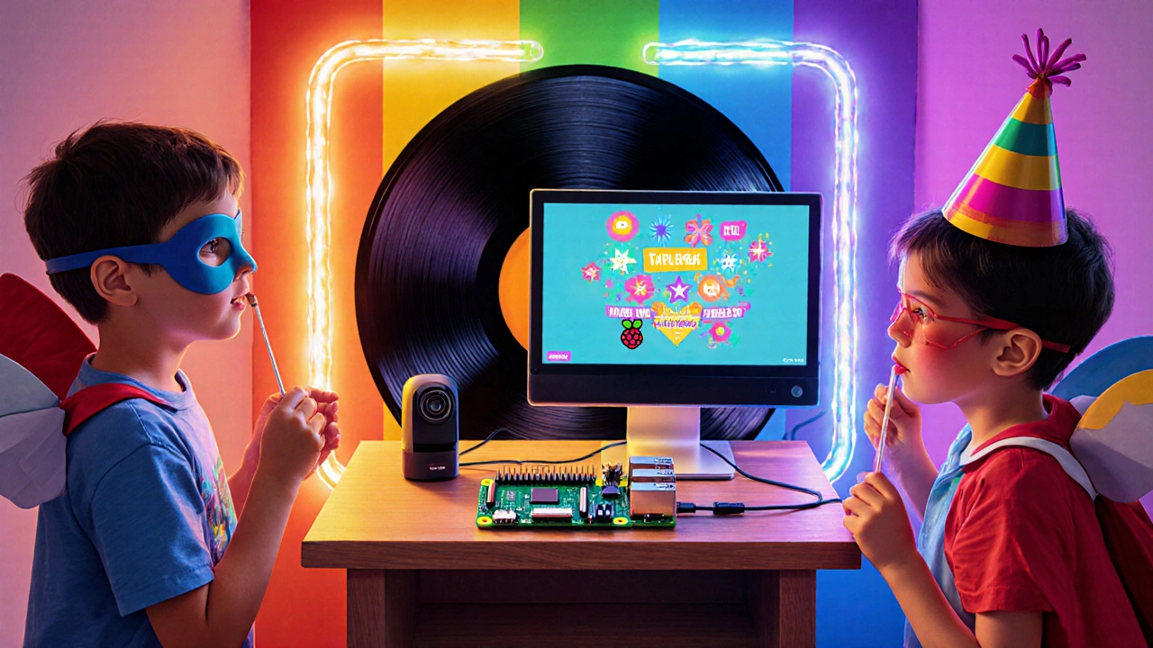 Děti v maskách pózují před fotokoutkem s Raspberry Pi a LED osvětlením.