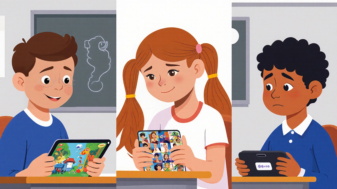 Děti v třídě reagují různě na digitální obsah — jedna se směje, druhá se obává, třetí se zdráhá.