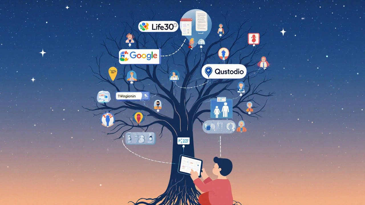 Digitální strom s kořeny aplikací pro sledování dětí roste z tabletu dítěte, větve končí obrazem rodičů, bez policejních symbolů.