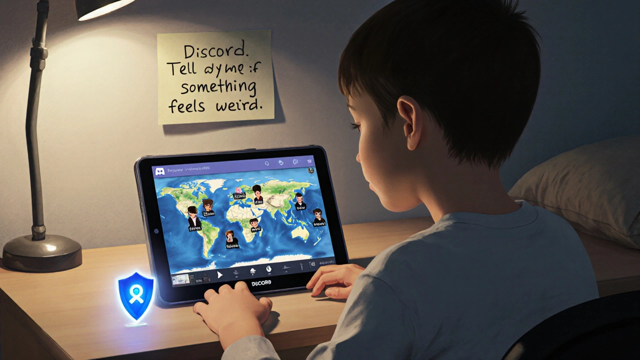 Dítě přemýšlí nad online chatem, zatímco bezpečnostní symbol chrání obrazovku.