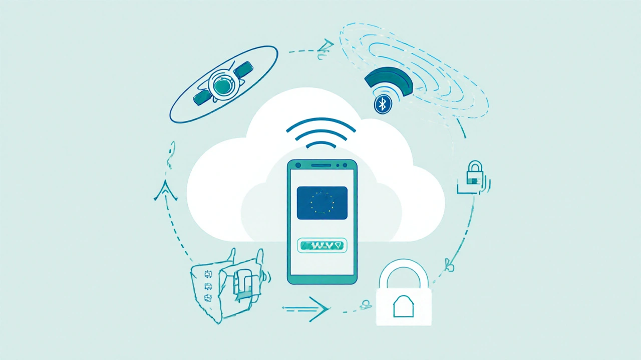 Ilustrace telefonu, satelitů GPS, Wi‑Fi a Bluetooth, propojených šifrovaným cloudem v EU.
