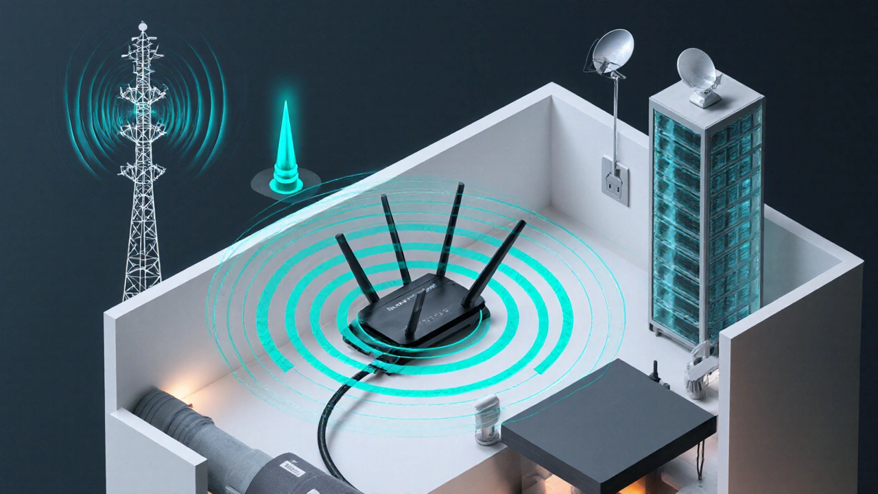 Izometrický pohled na dům s routerem, optickým vláknem, 5G věží a satelitním anténou.