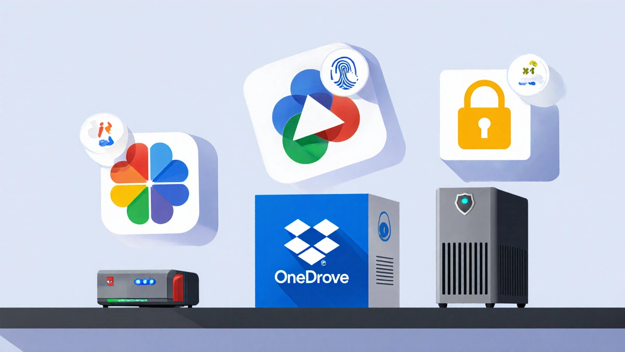 Koláž s logy Google Photos, iCloud, OneDrive, Dropbox a NAS, každé s ikonou štítu a 2FA.