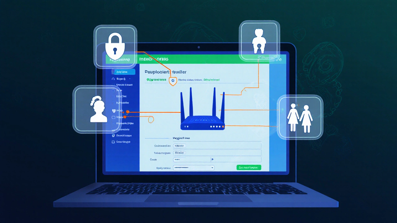 Laptop s administrací routeru: ikony WPA3, firewall, rodičovská kontrola a připojená zařízení.