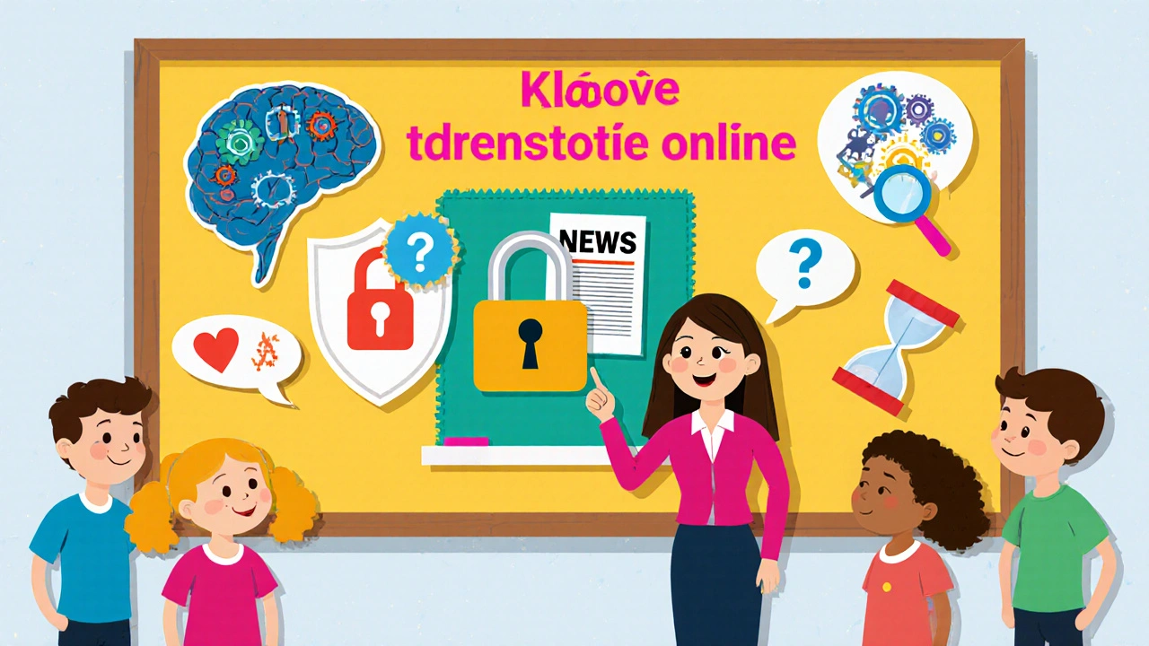Nástěnka s ikonami kritického myšlení, hesel, soukromí, dezinformací, kyberšikany a časového limitu.