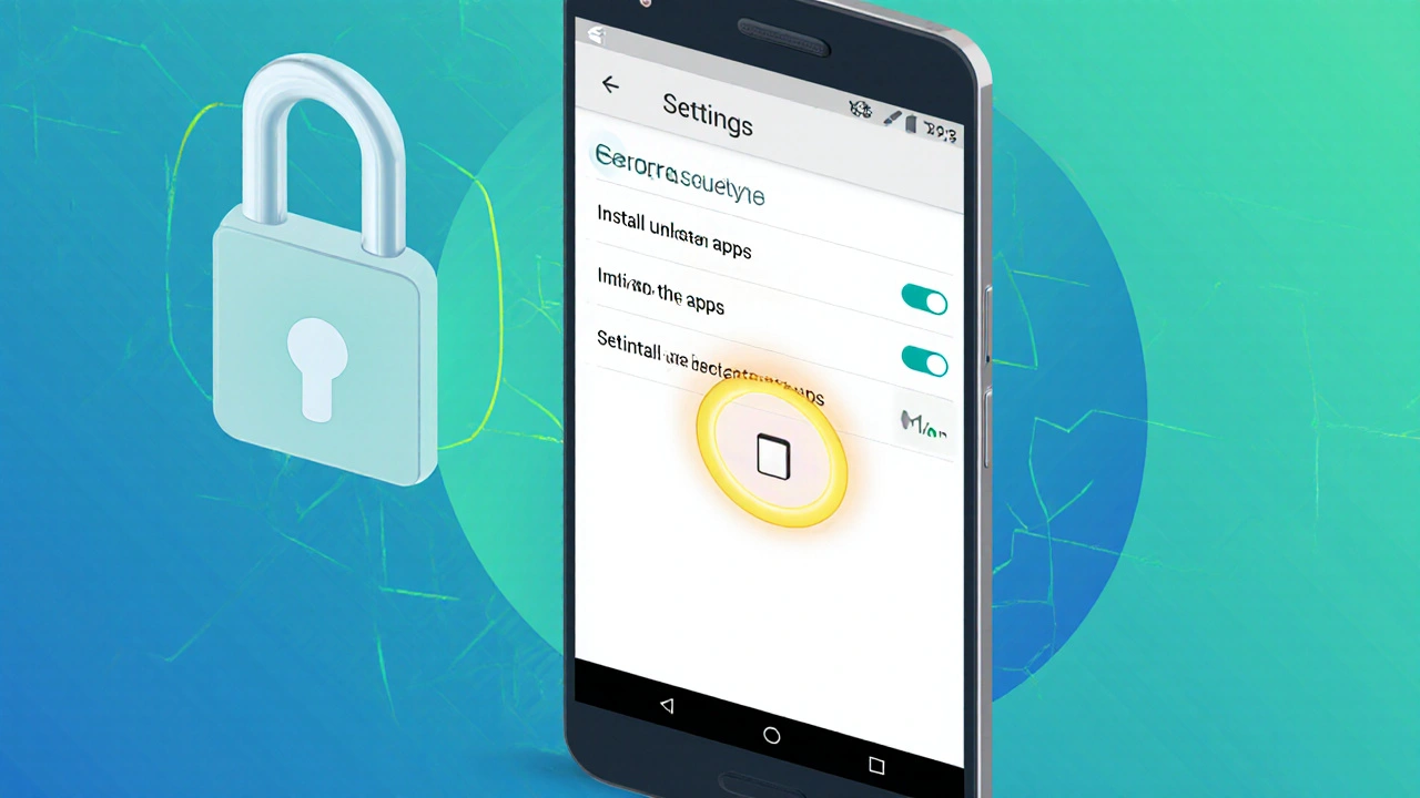 Obrazovka nastavení Androidu s aktivovaným přepínačem instalace z neznámých aplikací ve sekci Zabezpečení.