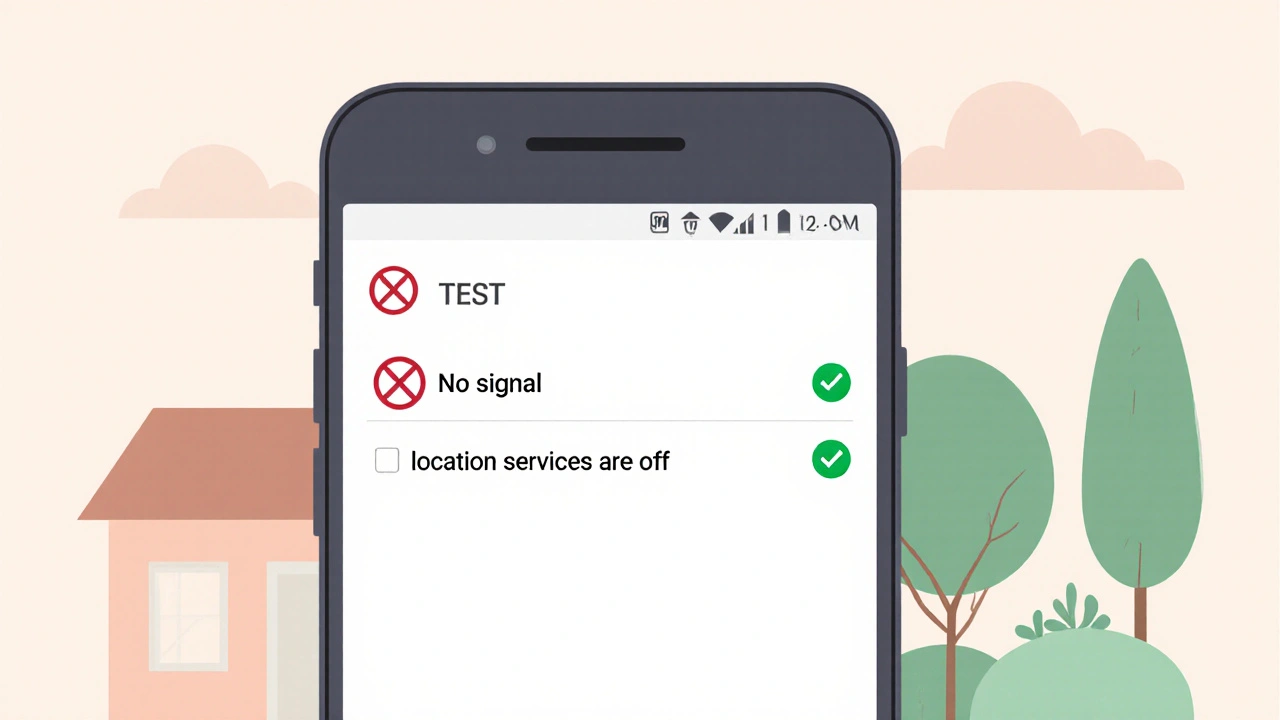 Obrazovka telefonu s aplikací GPS Test ukazující žádný signál.