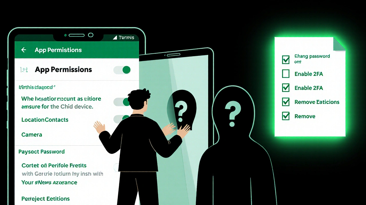 Osoba před zrcadlem, které odráží nastavení oprávnění telefonu — všechna povolení vypnutá kromě polohy pro dítě, s kontrolním seznamem bezpečnosti.