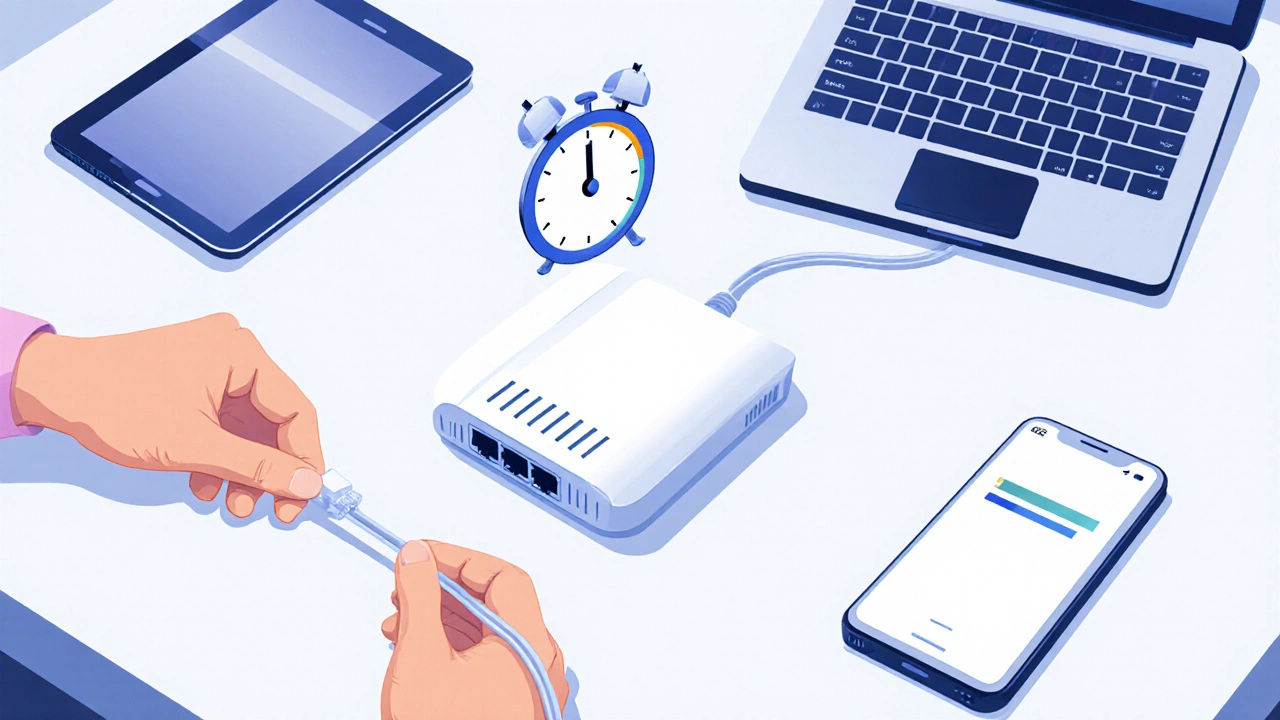 Osoba připravuje test: odpojuje zařízení, restartuje router, laptop s Ethernetem.