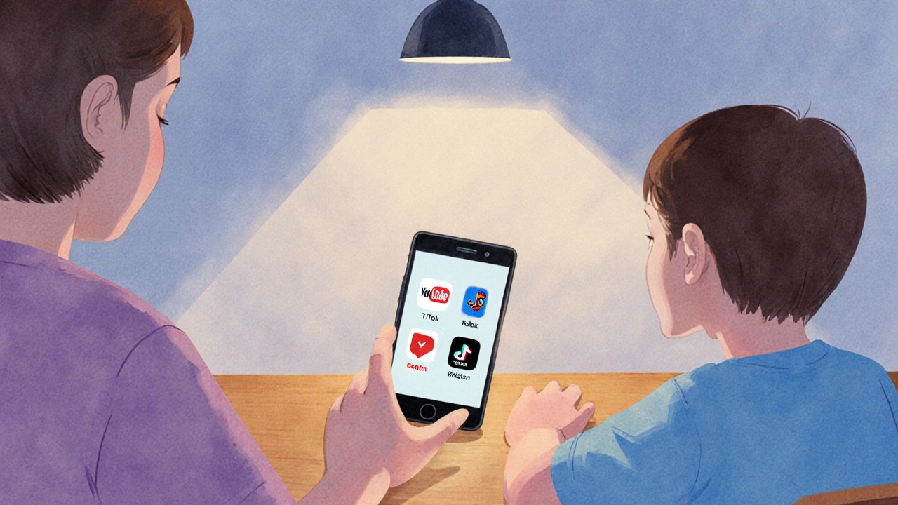 Rodič a dítě společně procházejí obrazovku telefonu v kuchyni, přátelská atmosféra.