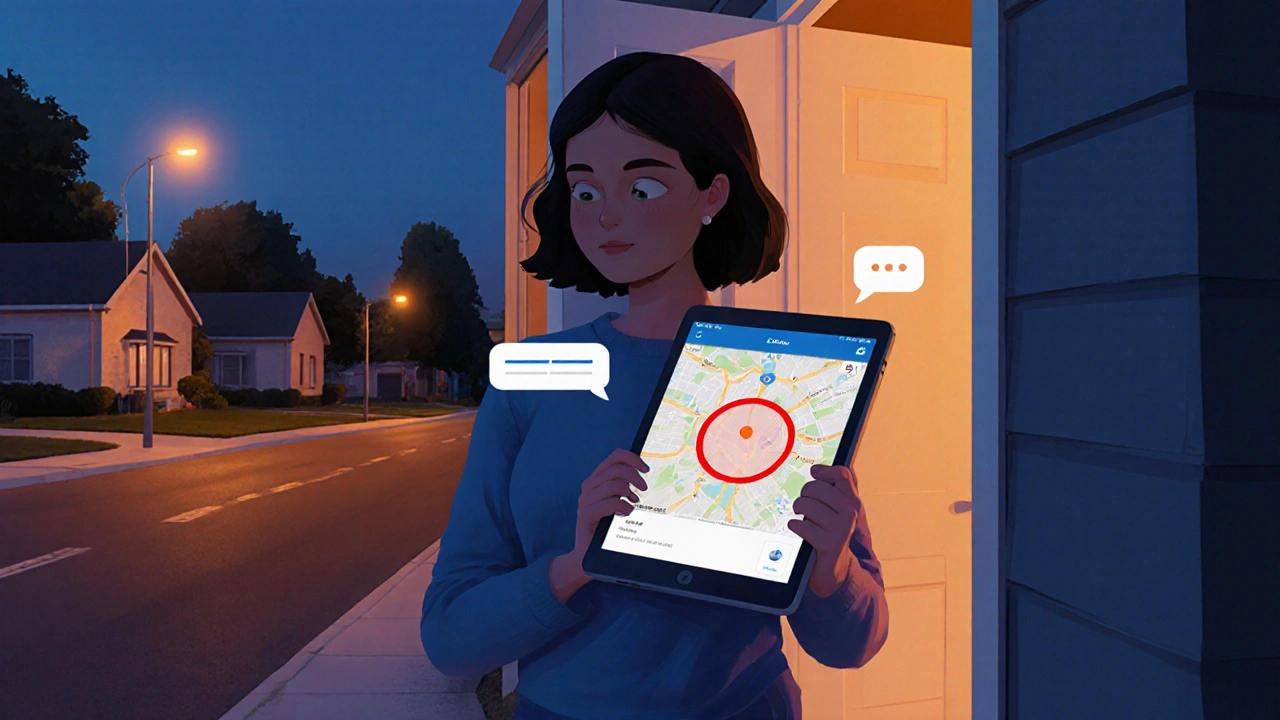 Rodič dostává upozornění, když dítě opustí virtuální zónu, s bublinou chatu a mapou.