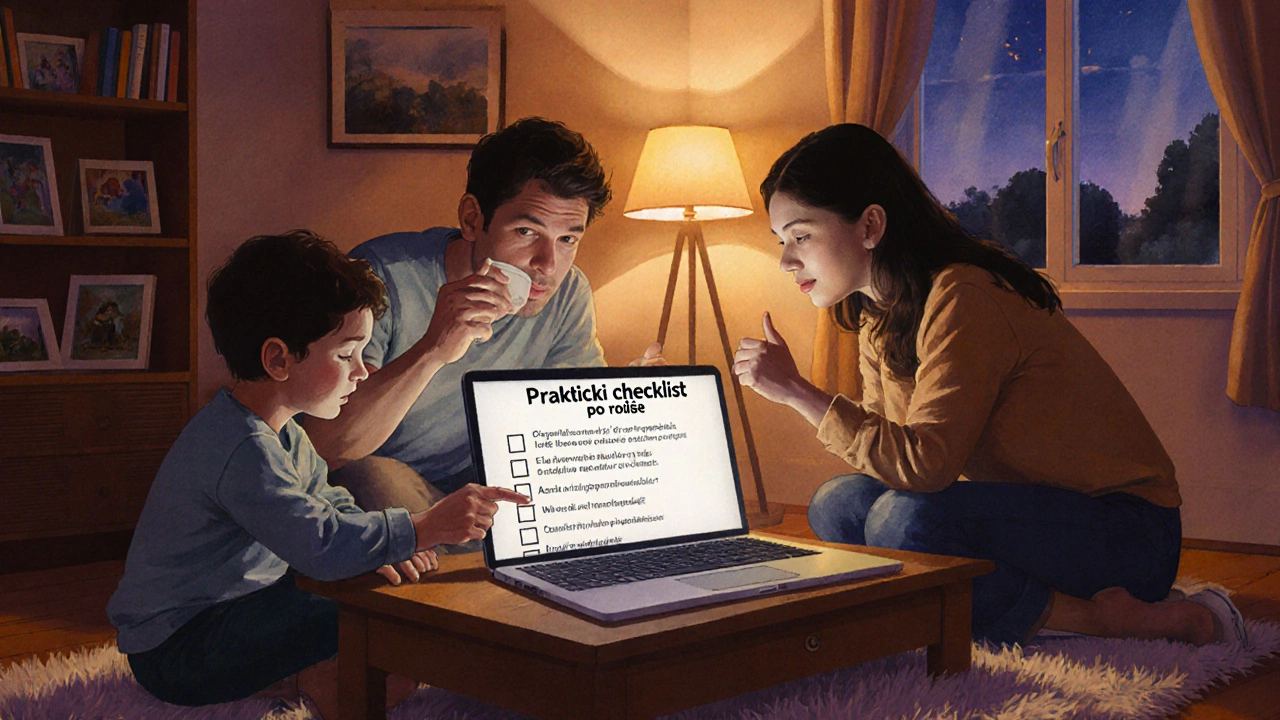 Rodina při večerním prohlížení checklistu na laptopu v teplém osvětlení.