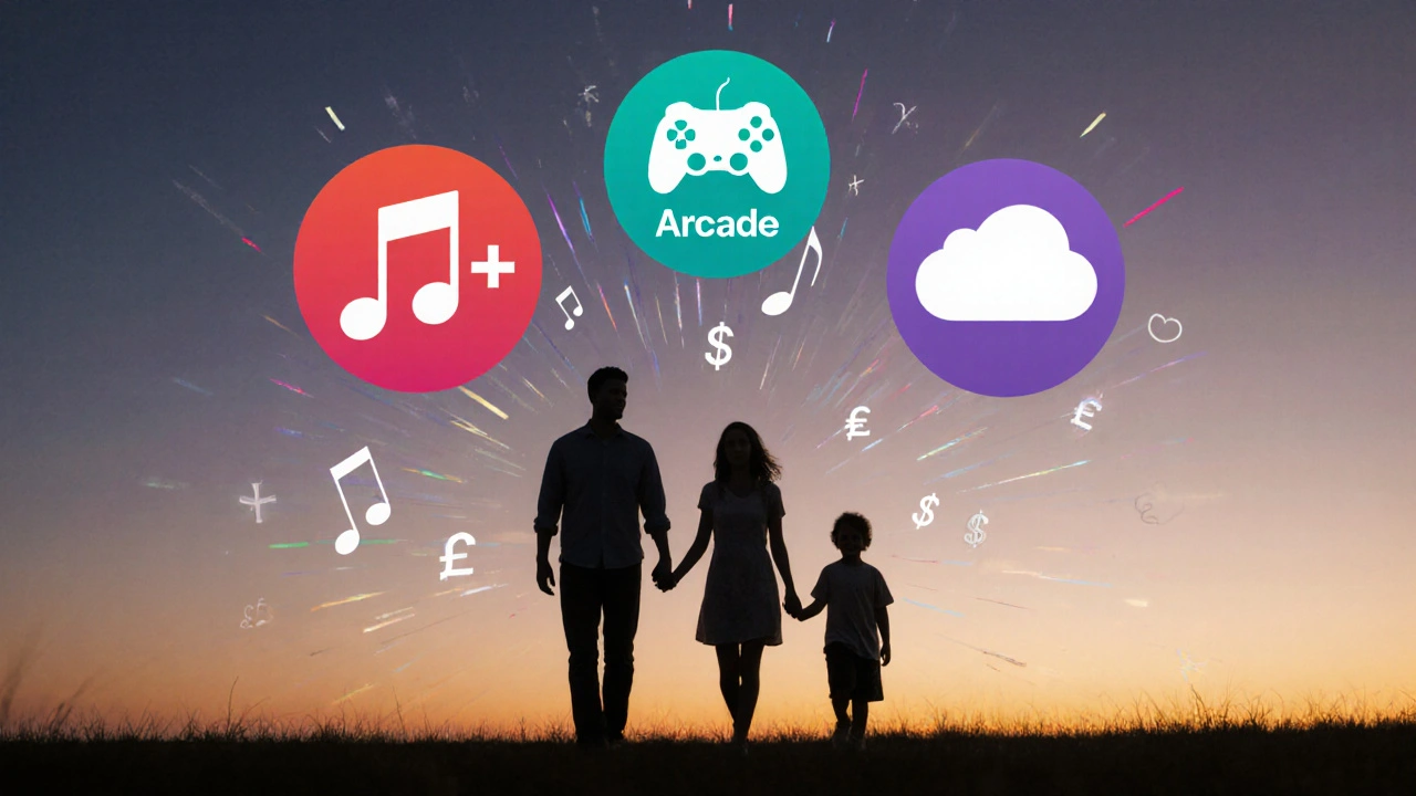 Rodina uprostřed ikony Apple Music, TV+, Arcade a iCloud, obklopená barevnými symboly služeb.