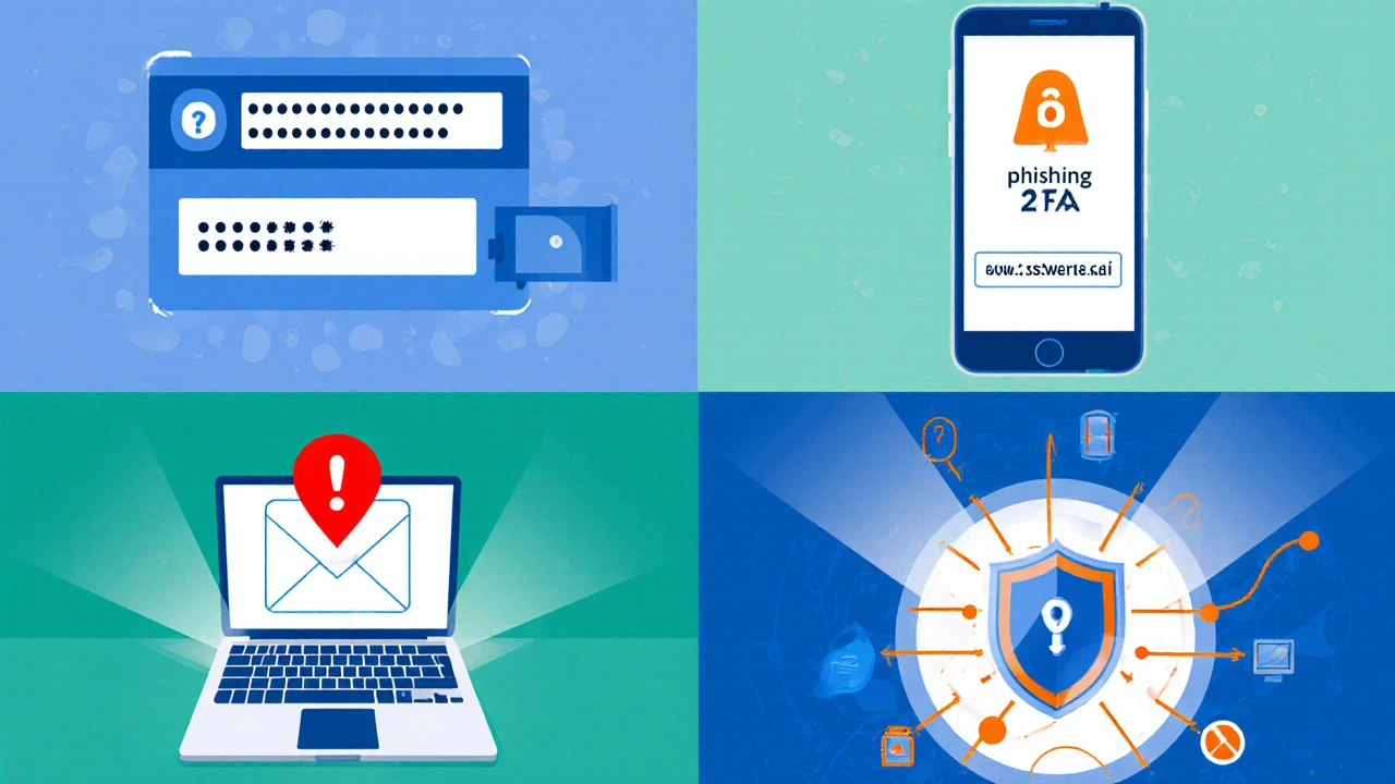 Rozdělený pracovní prostor: správce hesel, 2FA, phishing varování, VPN mapka.