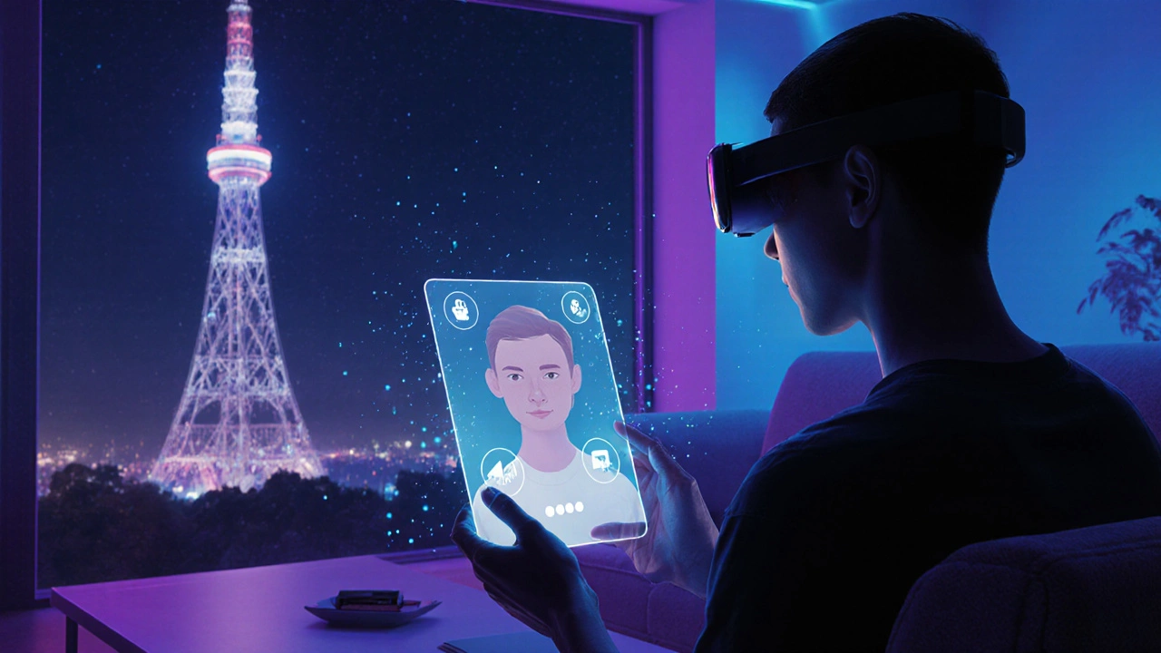 Sci‑fi scéna s holografickým hovorem, AR brýlí a 5G světly.