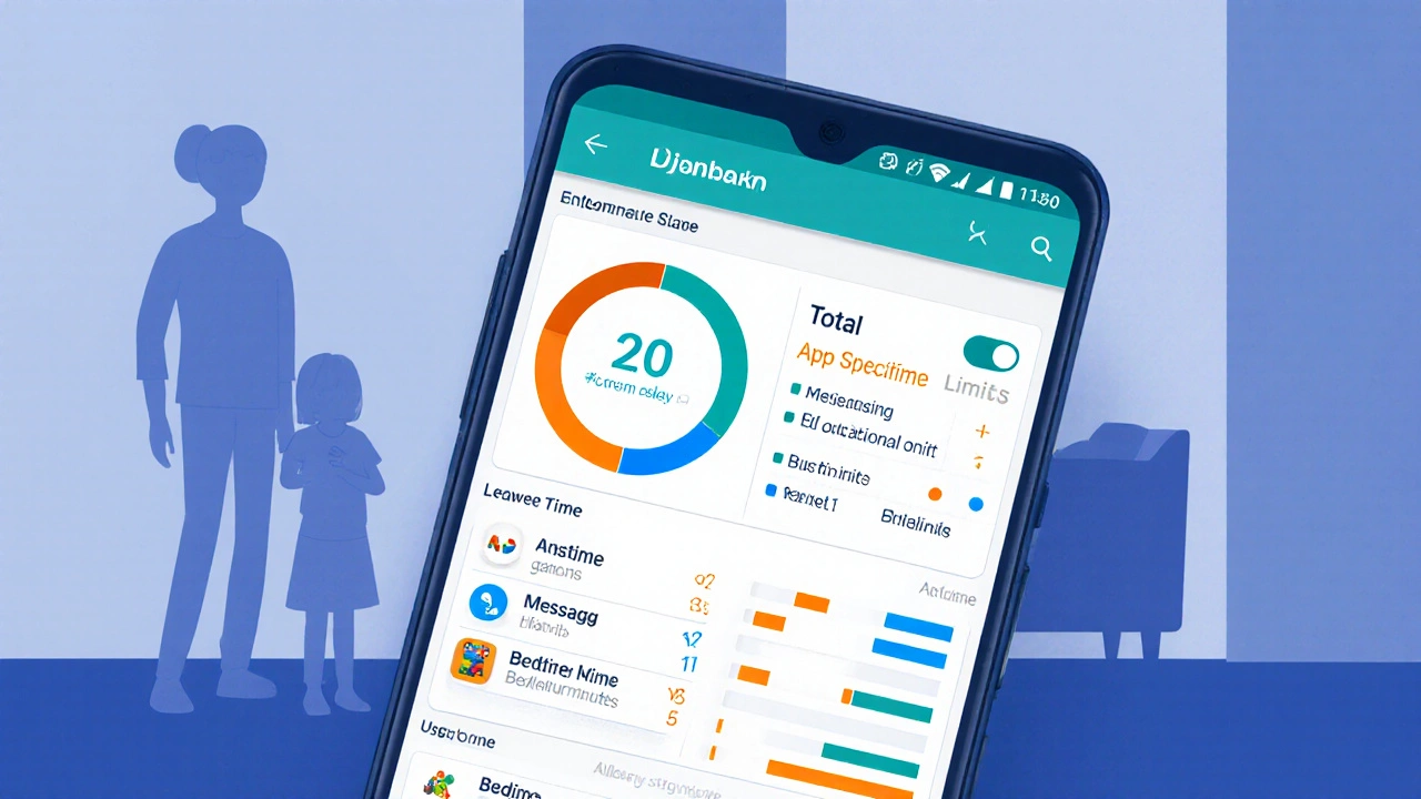 Smartphone zobrazuje dashboard Digitální pohody s grafy času a limity aplikací.