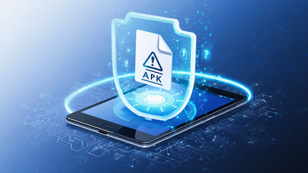 Tablet dítěte chrání digitální štít, zatímco Play Protect skenuje ikonu APK souboru.