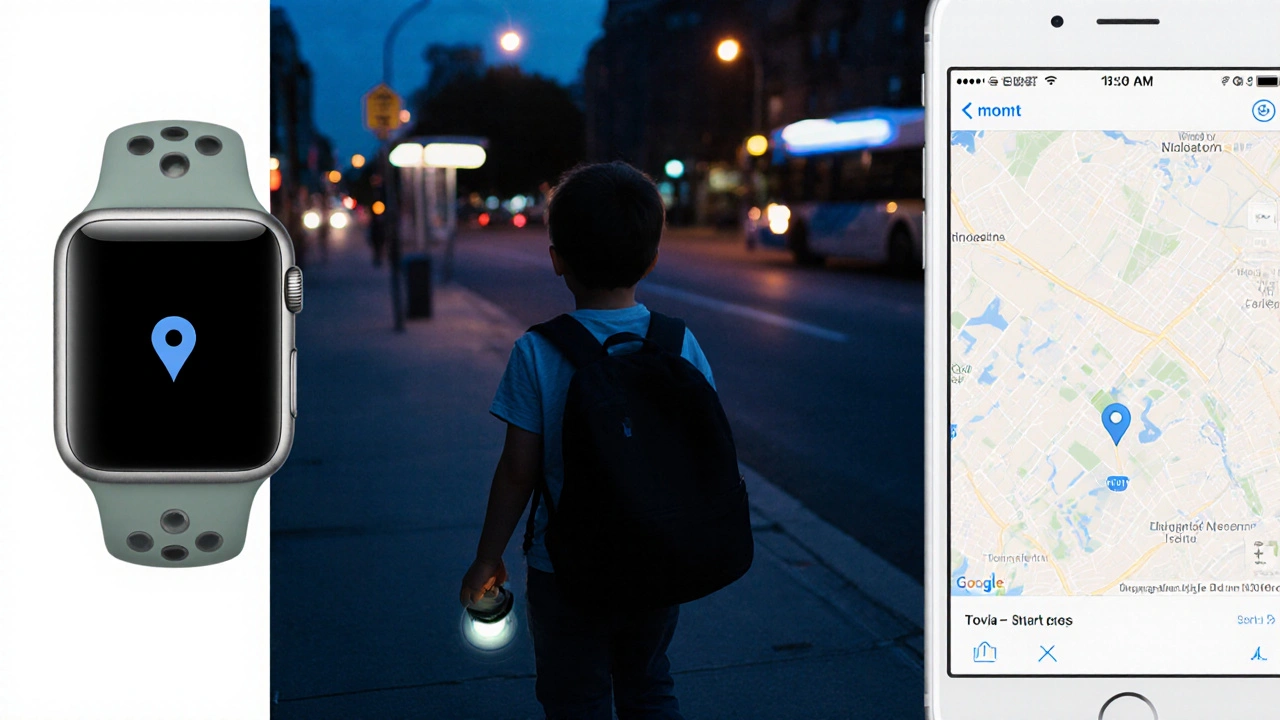 Apple Watch na zápěstí dítěte zobrazuje polohu na mapě rodičova iPhone.