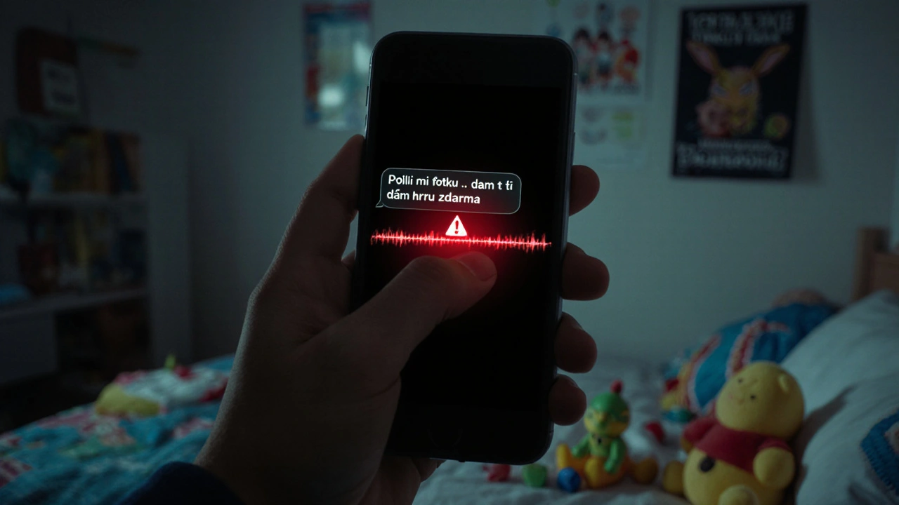 Chlapec se dívá na telefon s podezřelou zprávou od neznámého uživatele.