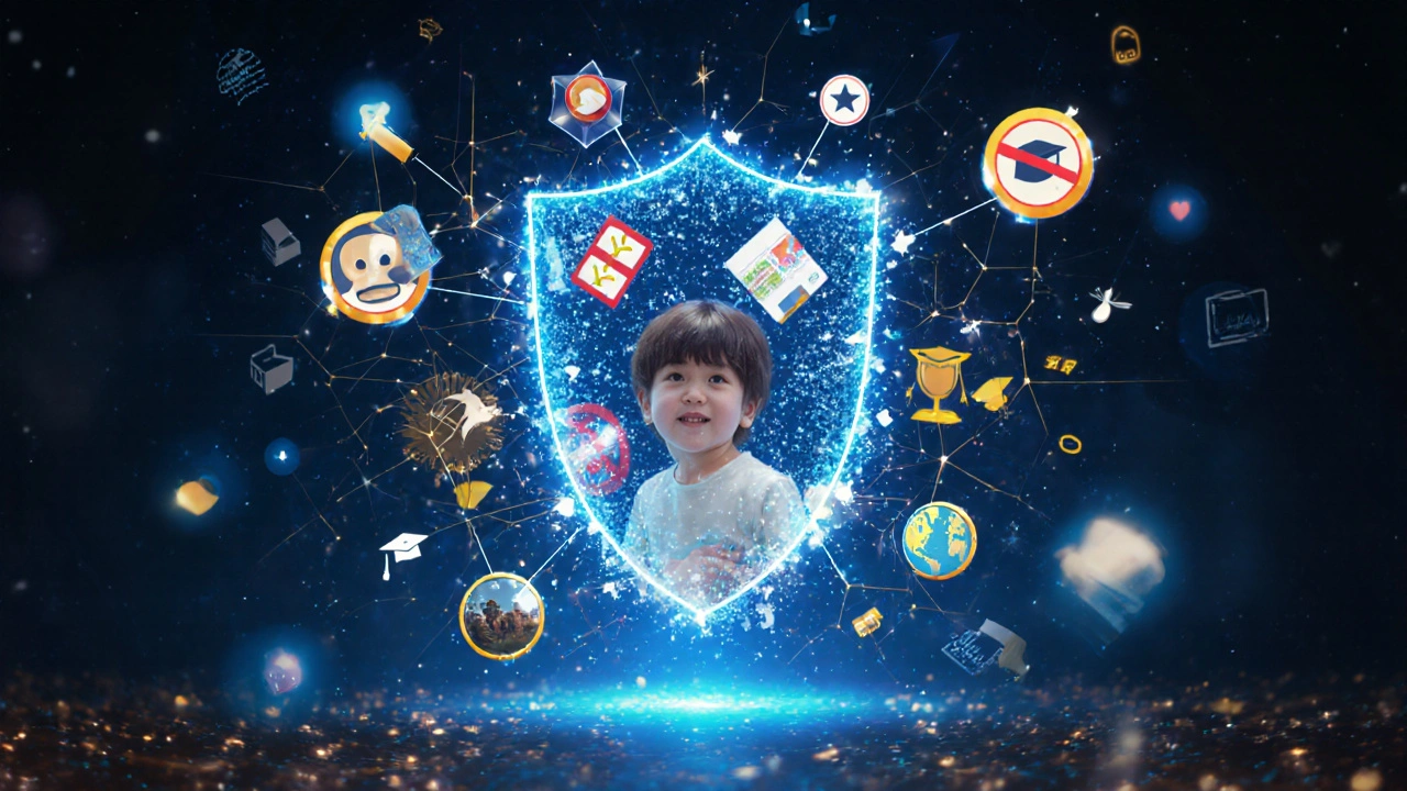 Digitální štít chrání dítě před nebezpečnými weby, zatímco vzdělávací ikony plavou v bezpečné síti.