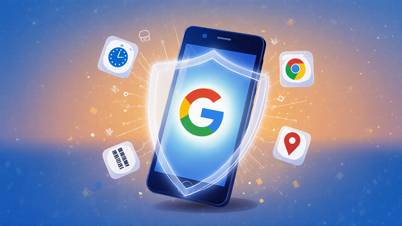 Digitální štít chrání dítěte telefon s ikonami omezení času, aplikací a polohy.