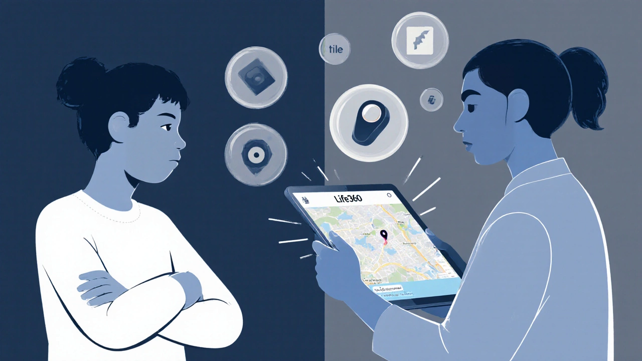 Dítě a rodič se vzdalují emocionálně, zatímco sledovací aplikace visí ve vzduchu jako stíny.