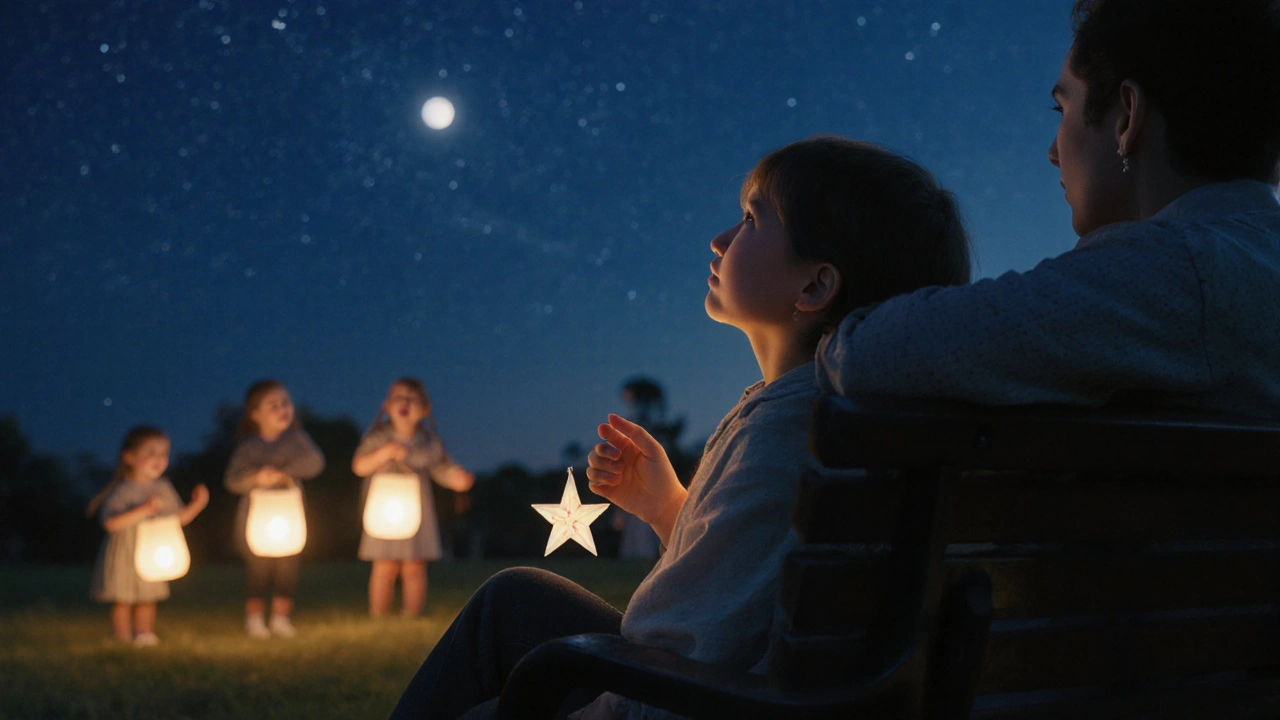 Dítě a rodič sedí na lavičce pod hvězdami, drží ručně vyrobenou ozdobu.