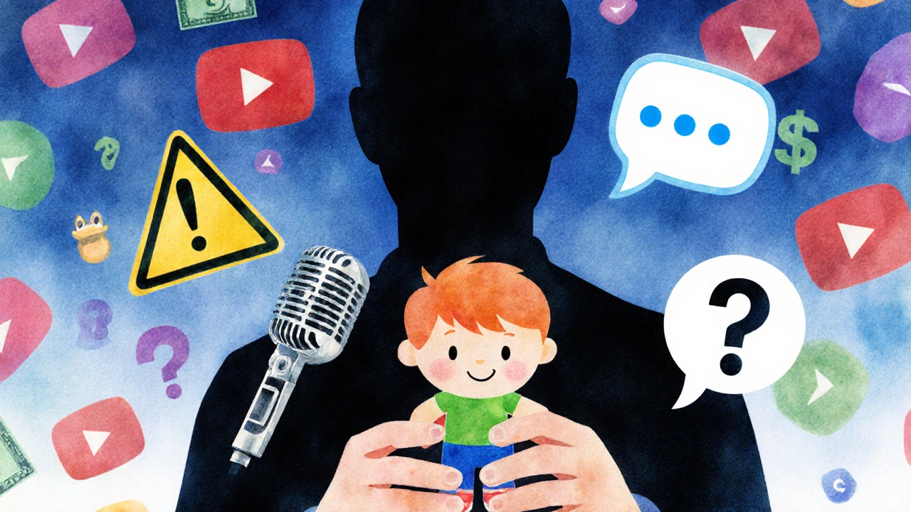 Dítě drží hračku, zatímco za ním stojí neviditelná postava s mikrofonem.