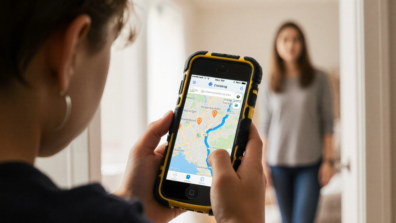 Dítě drží vodotěsný telefon s aplikací pro sledování polohy na obrazovce.