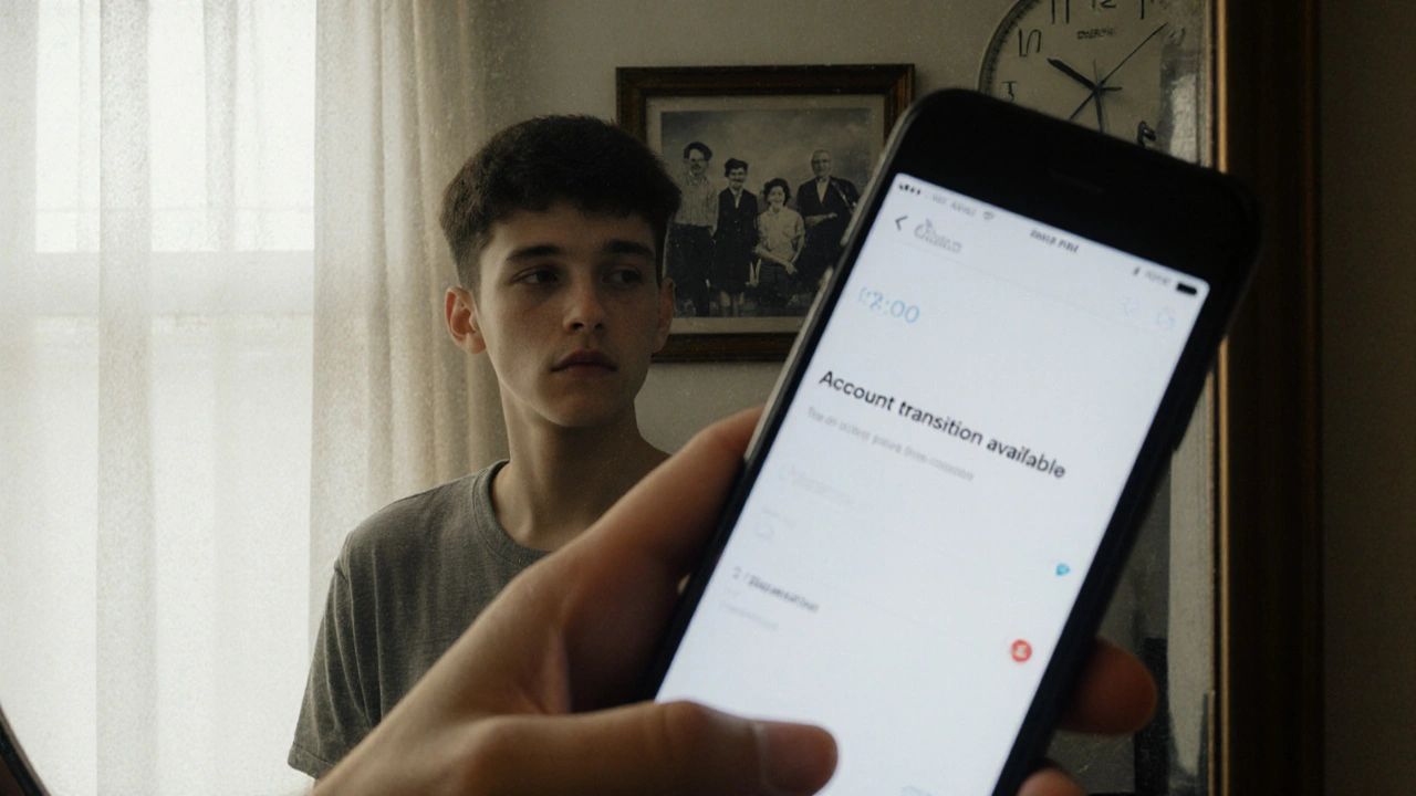 Dítě hledí na telefon s oznámením o převodu účtu.