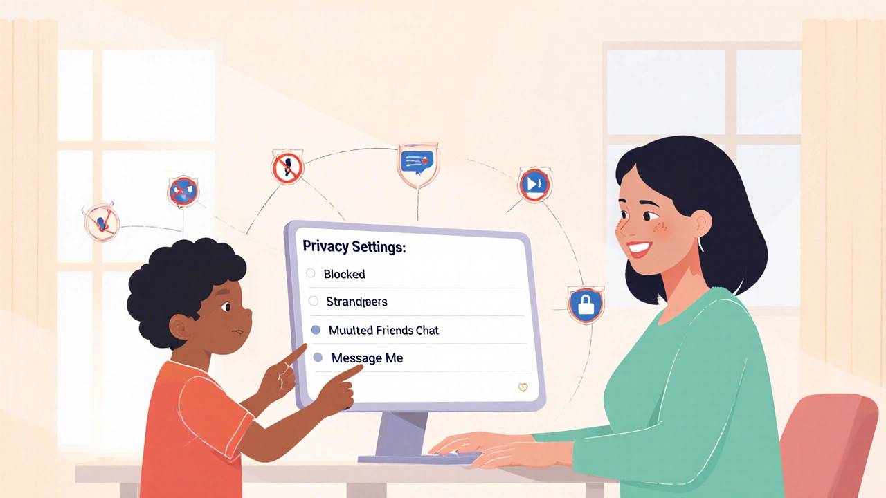 Dítě nastavuje soukromí na počítači, rodič se usmívá.