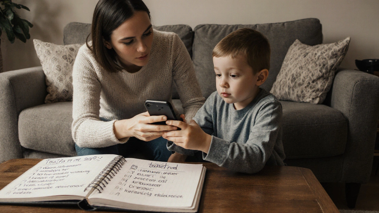 Dítě podává rodiči telefon v obývacím pokoji, oba sedí na gauči, atmosféra klidu a důvěry.
