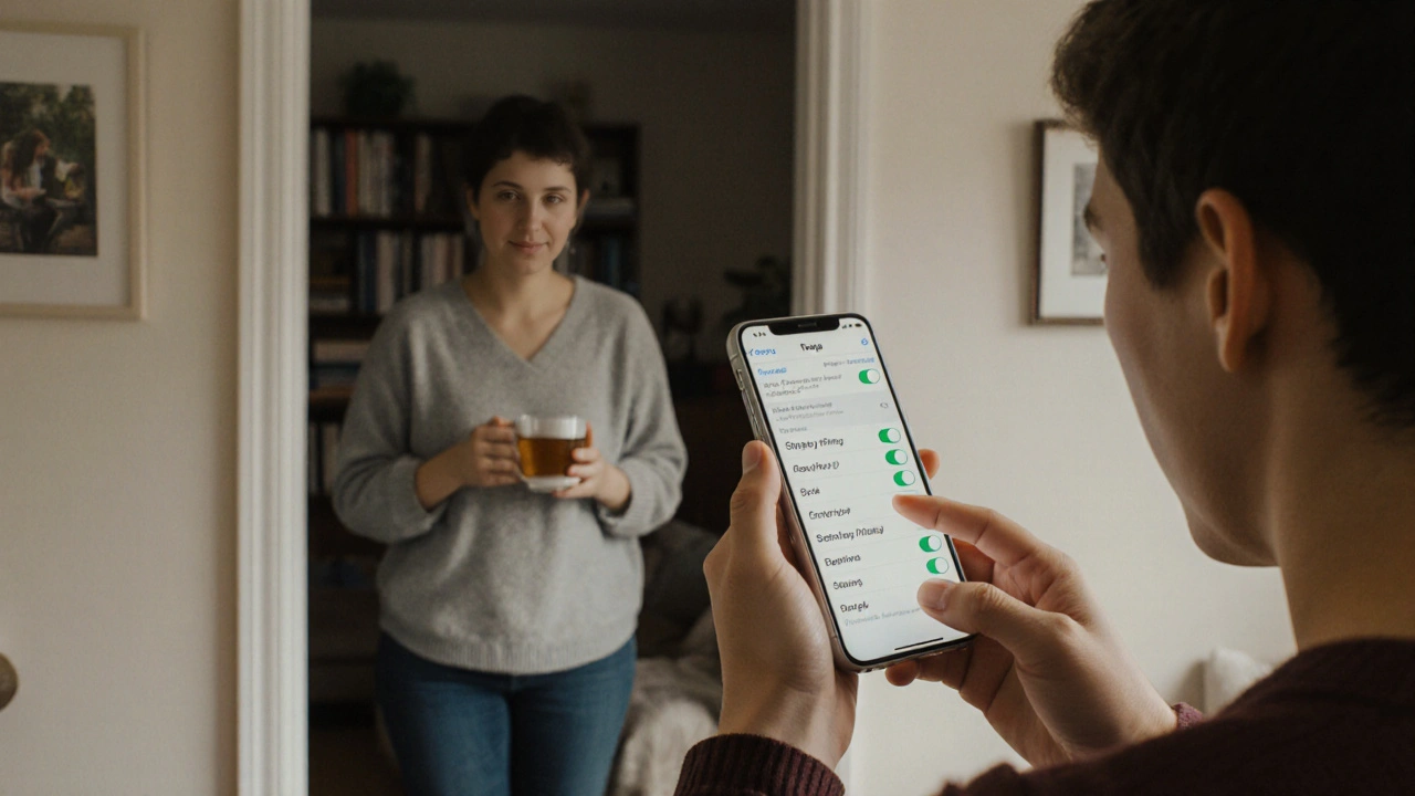 Dítě přemýšlí, zda povolit sdílení polohy, zatímco rodič pozoruje z dálky.