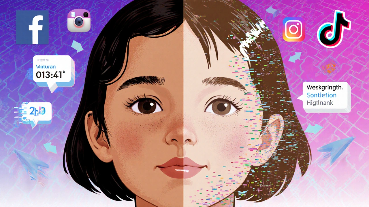 Dítě s rozdělenou tváří: jedna strana přirozená, druhá upravená digitálními chybami.