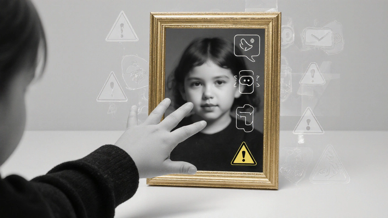 Dítě se dívá na anonymizovanou fotku v digitálním rámu.