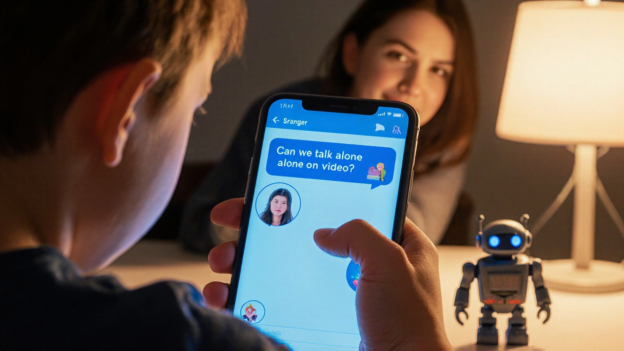 Dítě se dotýká telefonu s podezřelou zprávou, zatímco dospělý pozoruje.