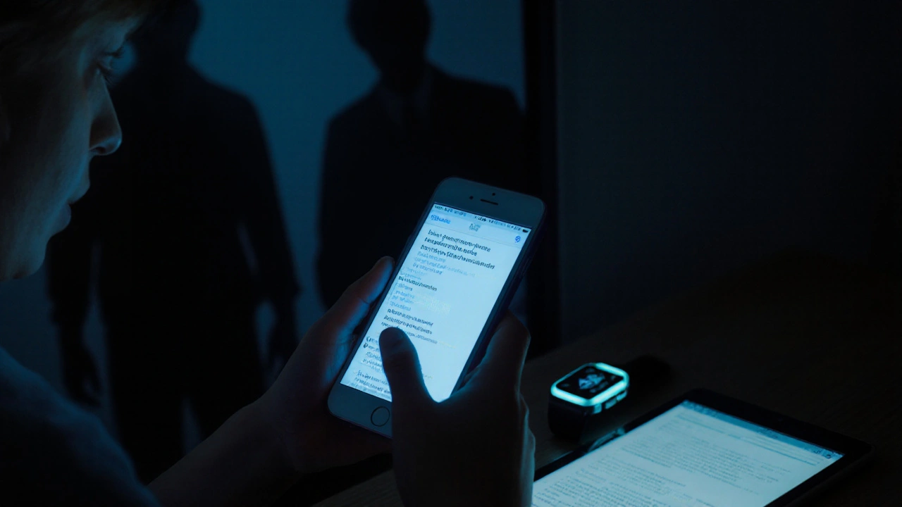 Dítě se dotýká telefonu s podezřelým odkazem, v pozadí se objevují stíny neznámých lidí.