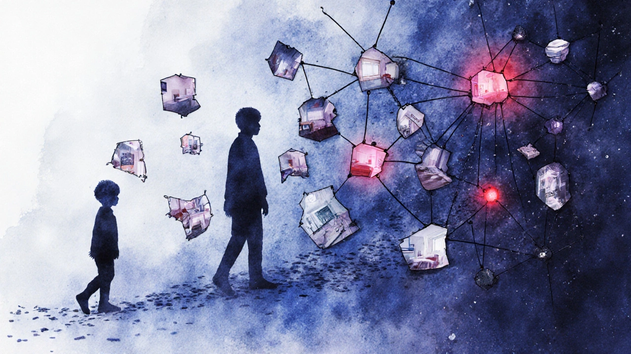 Dítě se mění v dospělého, za ním se táhne digitální stopa z jeho dětských fotek.