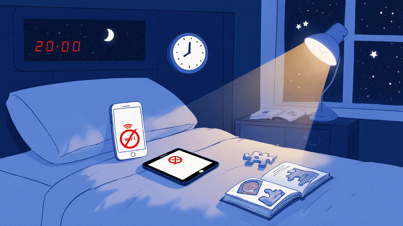 Dítě se připravuje na noc bez obrazovky, místo toho čte knihu a hraje si s hlavolamem.