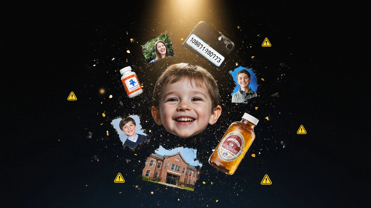 Dítě se směje, zatímco nebezpečné detaily se rozpadají na prach.