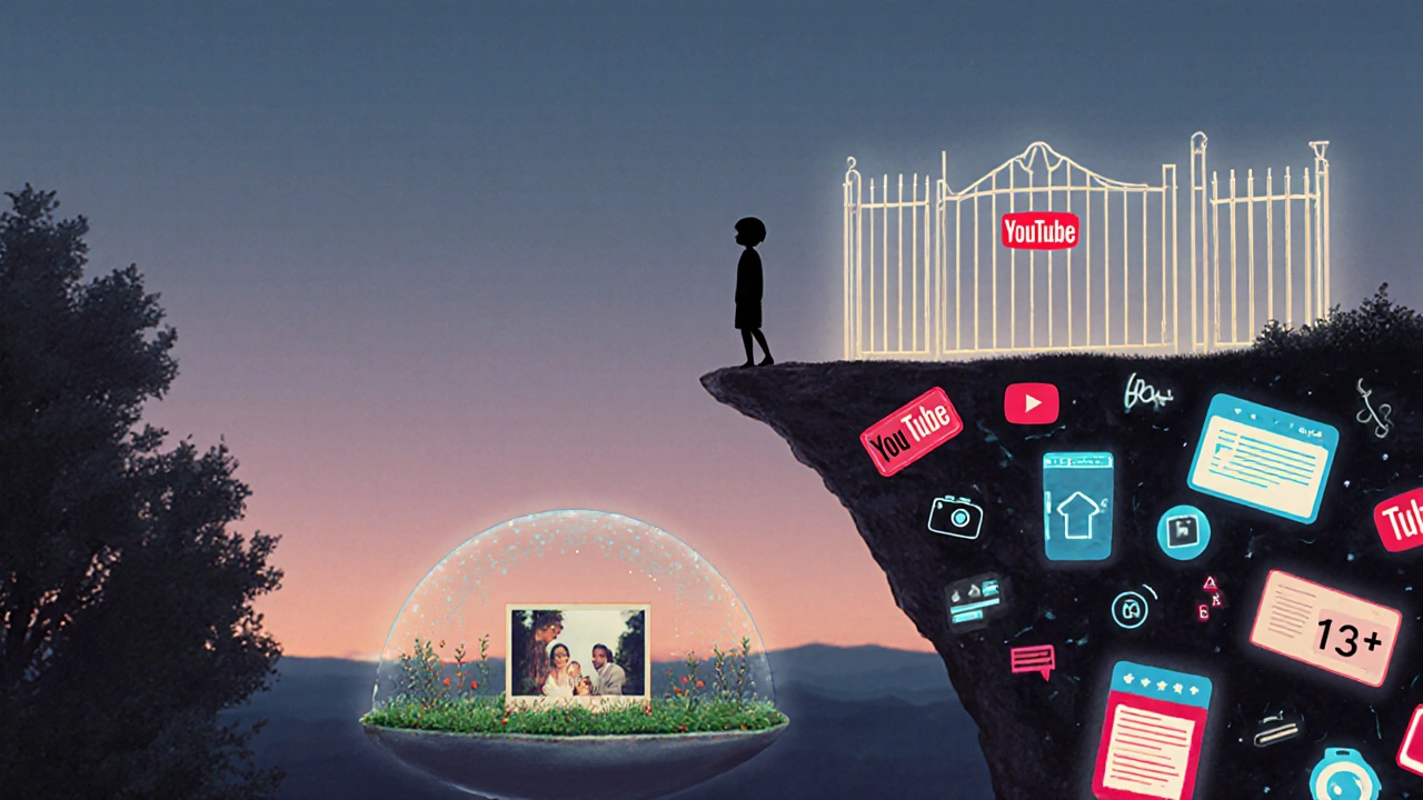 Dítě stojí na okraji digitálního propasti plné komentářů, za ním klidná zahrada.