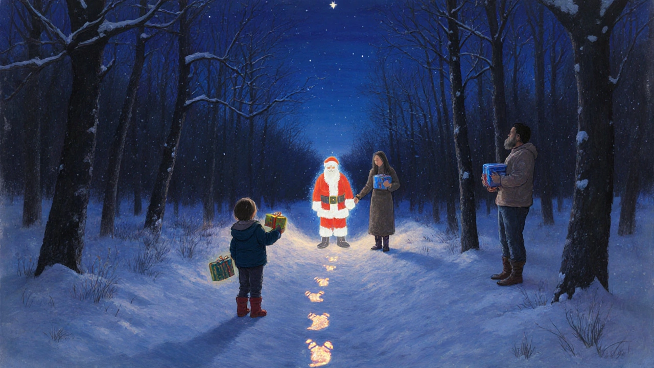 Dítě stojí v sněhu, kde se Ježíšek mění ve hvězdy, rodiče čekají s dárky.