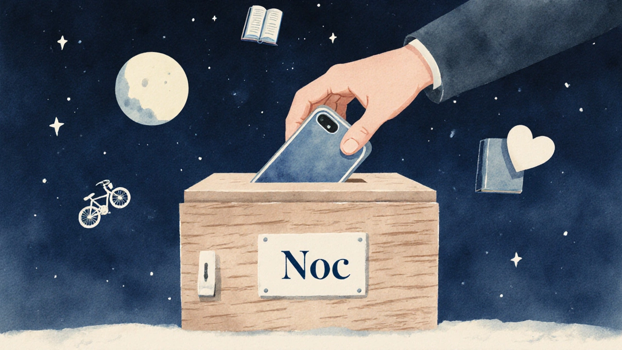 Dítě ukládá telefon do krabice s nápisem &#039;Noc&#039;, symbolizující noční pauzu.