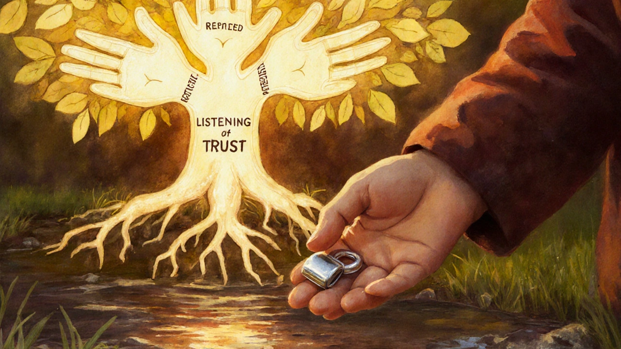 Dítě uvolňuje sledovací zařízení do vody, zatímco za ním roste strom důvěry.