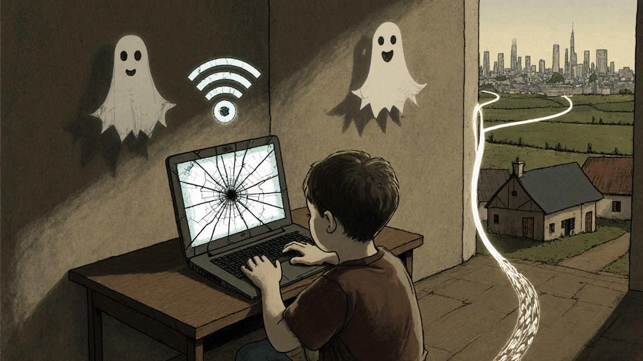 Dítě v české vesnici čeká na načtení online hodiny s přerušeným připojením.