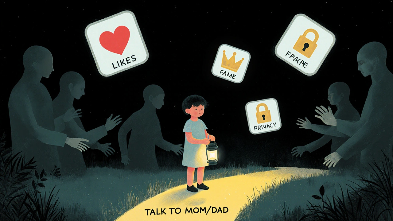 Dítě v digitálním světě drží lucernu směrem k cestě k rodičům.