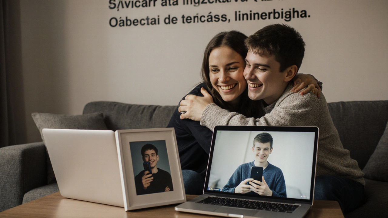 Dospělý syn se objímá s matkou, na stole videohovor s univerzitou, žádné sledovací aplikace.