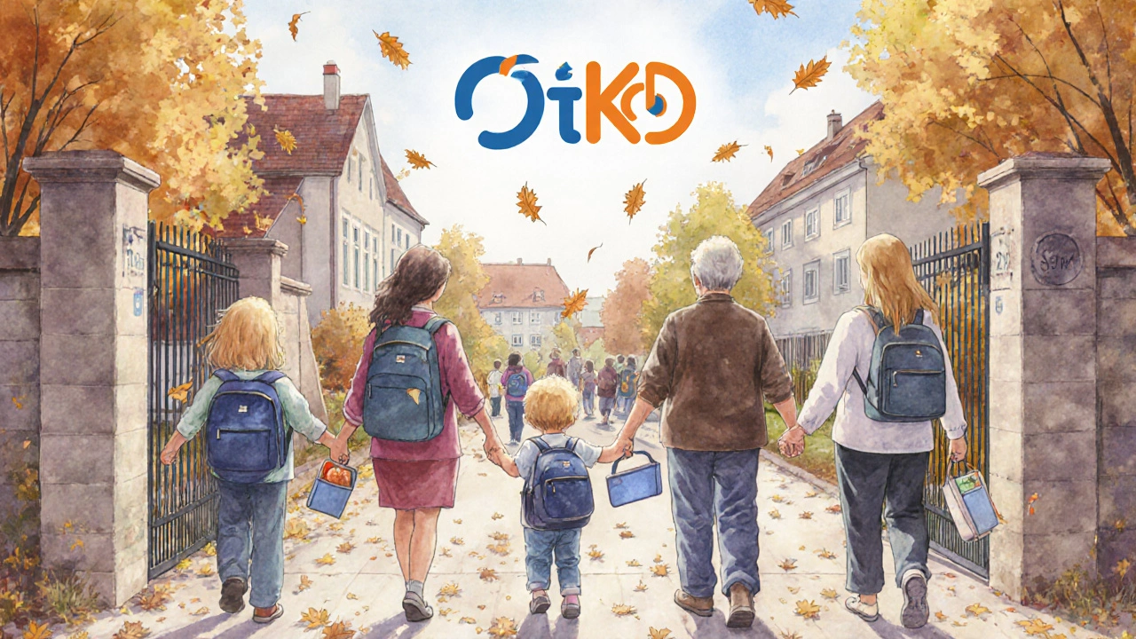 Hlídačky s dětmi venku před školou ve večerním světle, listí padá z stromů.